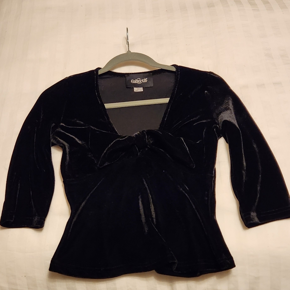 Black velour V neck bow tie top